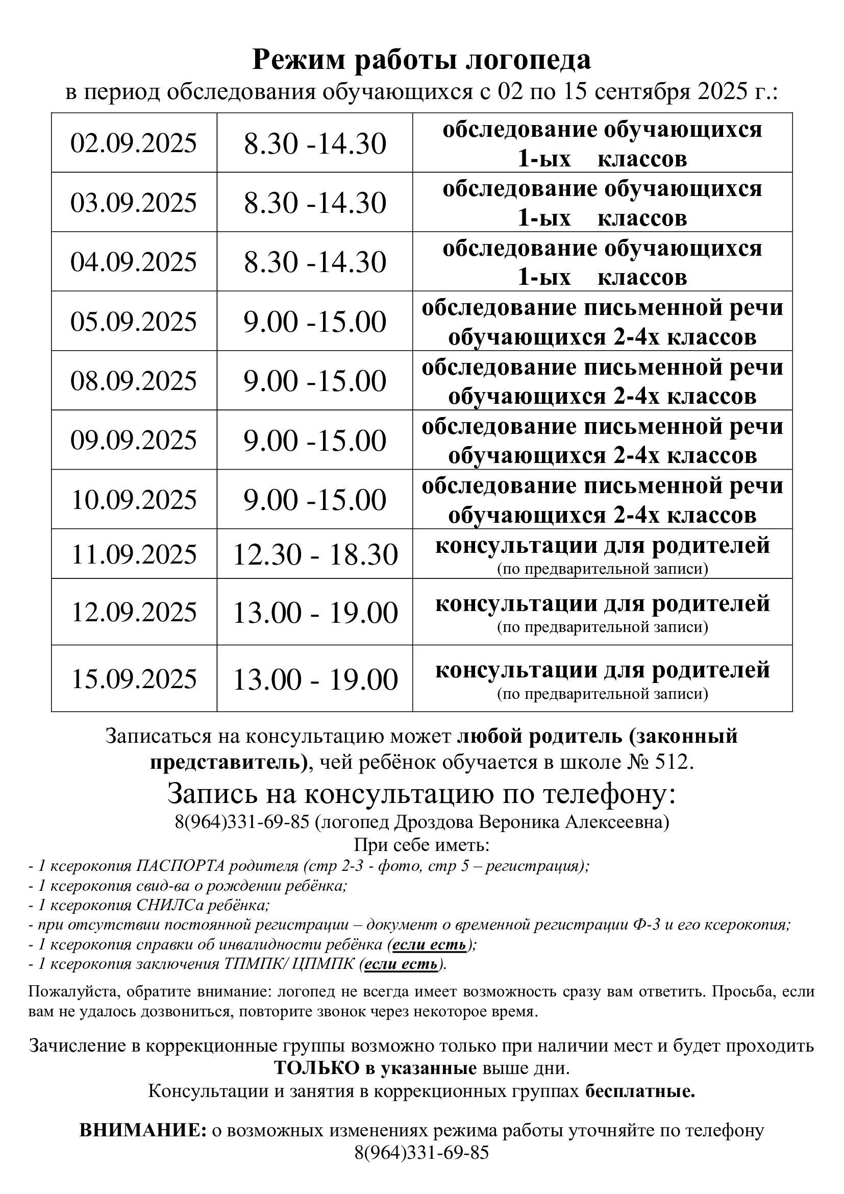 Режим работы логопеда
